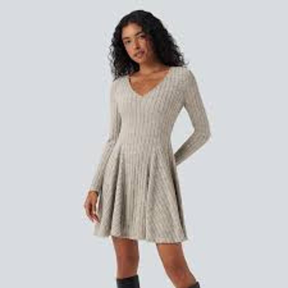 NWT Halara Women Ribbed Knit Dress Fit Flare Neutral Mini Stretch Girly Small